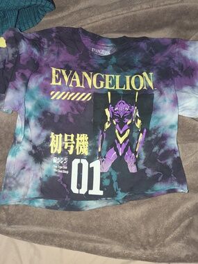Evangelion Tie-Dye Graphic Tee in Purple & Teal Small